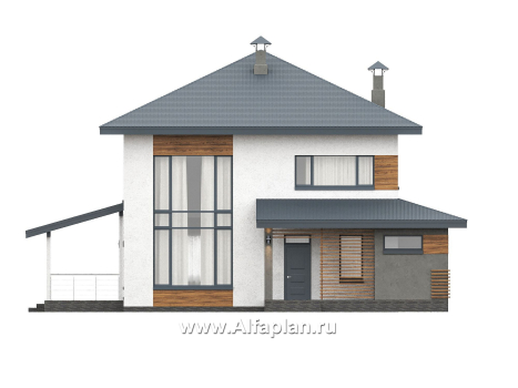 Проекты домов Альфаплан - "Чистая линия"  - проект дома, 2 этажа, с двусветной гостиной, с террасой, в современном стиле - превью фасада №5