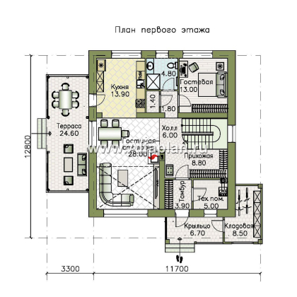 Проекты домов Альфаплан - "Чистая линия"  - проект дома, 2 этажа, с двусветной гостиной, с террасой, в современном стиле - превью плана проекта №1