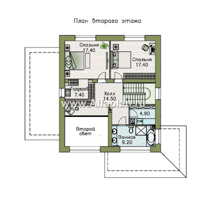 Проекты домов Альфаплан - "Чистая линия"  - проект дома, 2 этажа, с двусветной гостиной, с террасой, в современном стиле - превью плана проекта №2