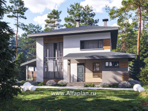 Проекты домов Альфаплан - "Чистая линия"  - проект дома, 2 этажа, с двусветной гостиной, с террасой, в современном стиле - превью основного изображения