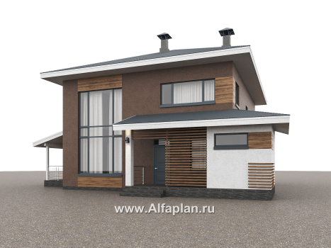 Проекты домов Альфаплан - "Чистая линия"  - проект дома, 2 этажа, с двусветной гостиной, с террасой, в современном стиле - превью дополнительного изображения №5