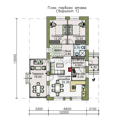 Проекты домов Альфаплан - "Мой путь" - проект дома из газобетона, 2 этажа, с террасой и с 5-ю спальнями - превью плана проекта №1