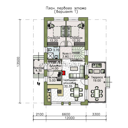 Проекты домов Альфаплан - "Мой путь" - проект дома из газобетона, 2 этажа, с террасой и с 5-ю спальнями - превью плана проекта №1