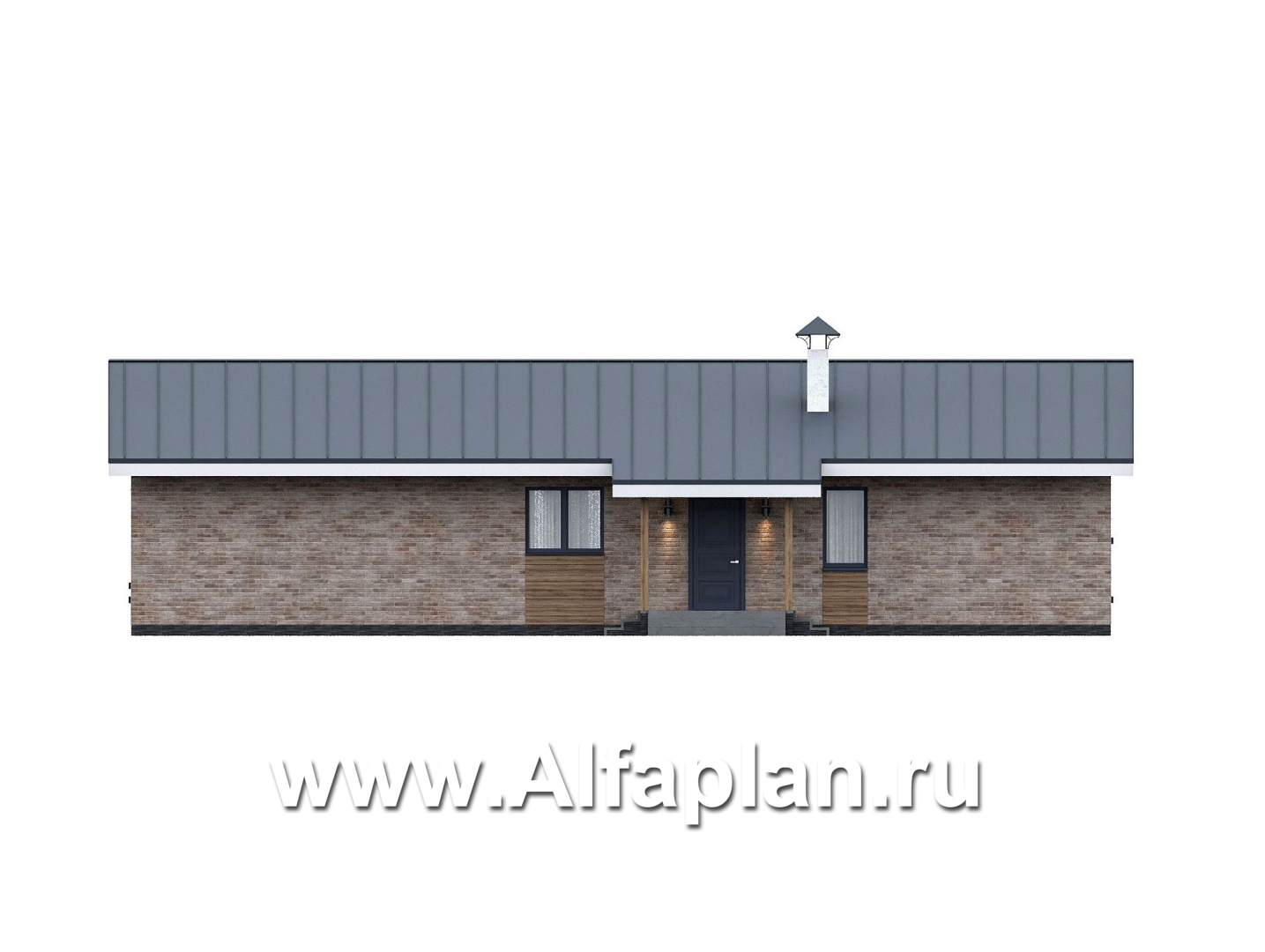Проекты домов Альфаплан - "Алладин" - проект одноэтажного дома, мастер спальня, с террасой и красивым потолком гостиной со стропилами - изображение фасада №3