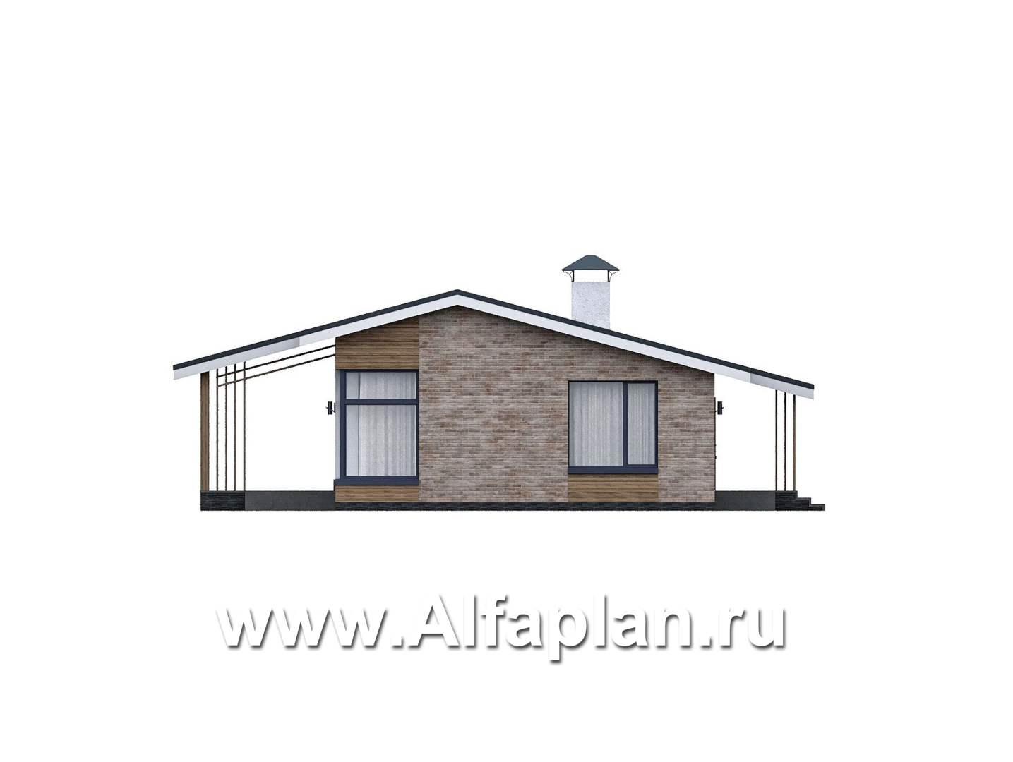 Проекты домов Альфаплан - "Алладин" - проект одноэтажного дома, мастер спальня, с террасой и красивым потолком гостиной со стропилами - изображение фасада №4