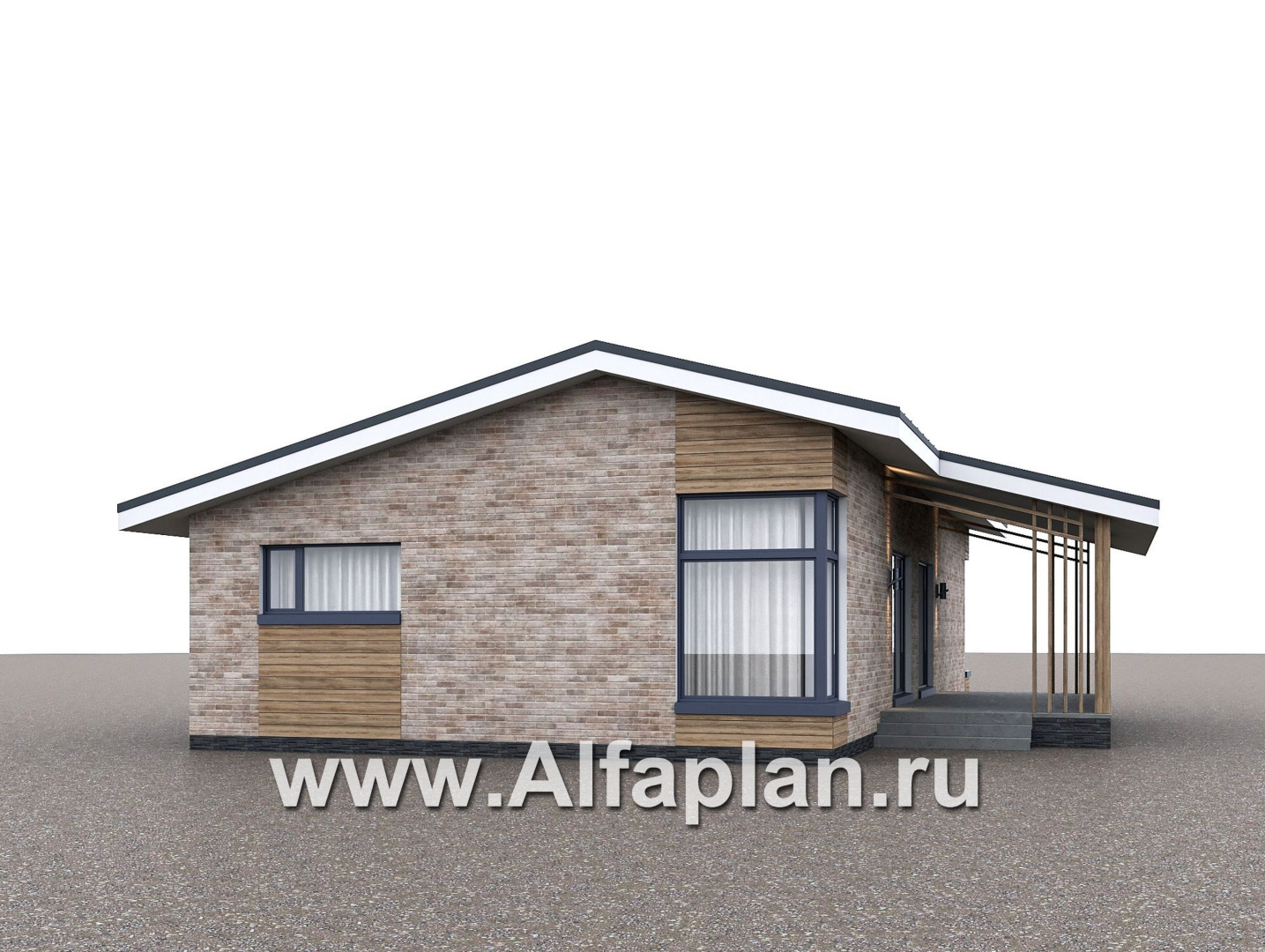 Проекты домов Альфаплан - "Алладин" - проект одноэтажного дома, мастер спальня, с террасой и красивым потолком гостиной со стропилами - дополнительное изображение №1