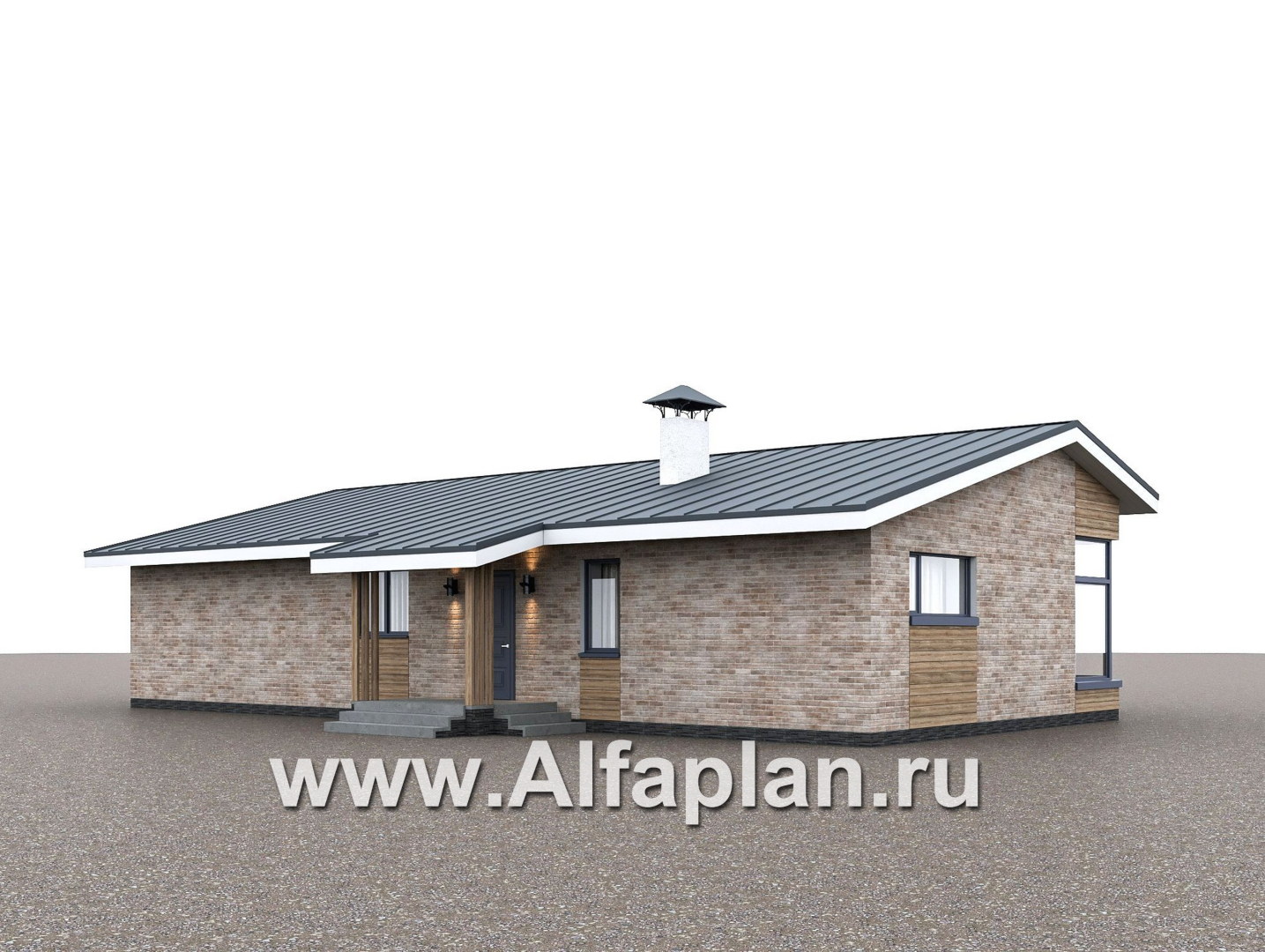 Проекты домов Альфаплан - "Алладин" - проект одноэтажного дома, мастер спальня, с террасой и красивым потолком гостиной со стропилами - дополнительное изображение №3