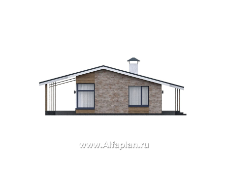 Проекты домов Альфаплан - "Алладин" - проект одноэтажного дома, мастер спальня, с террасой и красивым потолком гостиной со стропилами - превью фасада №4