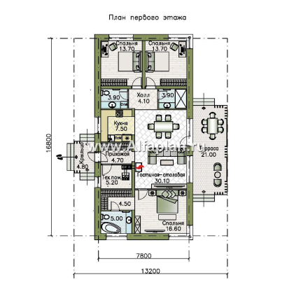 Проекты домов Альфаплан - "Алладин" - проект одноэтажного дома, мастер спальня, с террасой и красивым потолком гостиной со стропилами - превью плана проекта №1