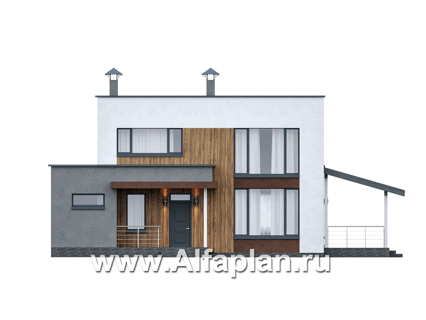Проекты домов Альфаплан - "Коронадо" - проект дома, 2 этажа, с террасой сбоку и плоской крышей, мастер спальня, в стиле хай-тек - изображение фасада №1