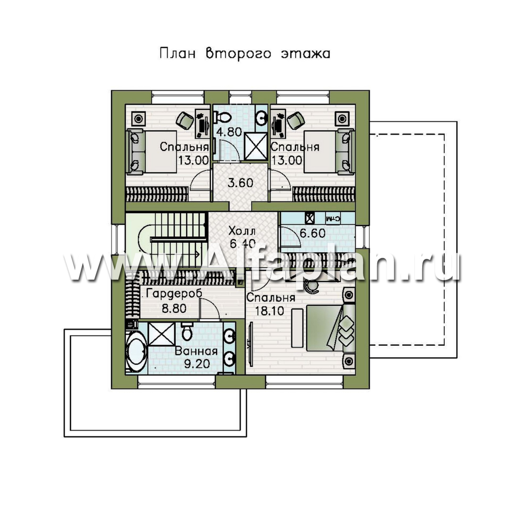 Проекты домов Альфаплан - "Коронадо" - проект дома, 2 этажа, с террасой сбоку и плоской крышей, мастер спальня, в стиле хай-тек - план проекта №2