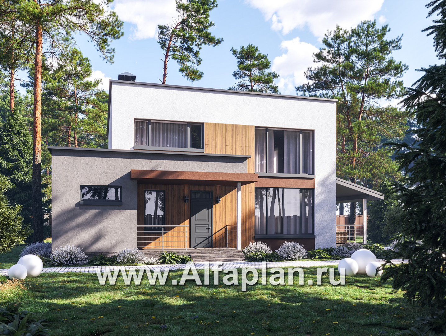Проекты домов Альфаплан - "Коронадо" - проект дома, 2 этажа, с террасой сбоку и плоской крышей, мастер спальня, в стиле хай-тек - основное изображение