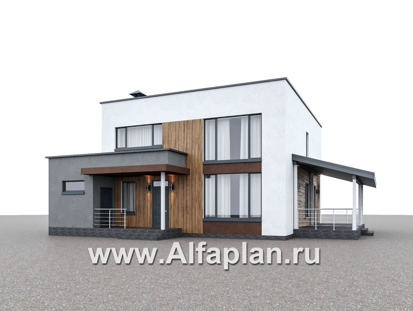 Проекты домов Альфаплан - "Коронадо" - проект дома, 2 этажа, с террасой сбоку и плоской крышей, мастер спальня, в стиле хай-тек - дополнительное изображение №1
