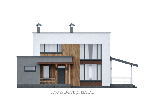Проекты домов Альфаплан - "Коронадо" - проект дома, 2 этажа, с террасой сбоку и плоской крышей, мастер спальня, в стиле хай-тек - превью фасада №1