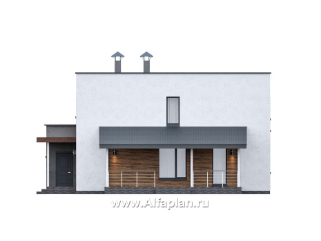 Проекты домов Альфаплан - "Коронадо" - проект дома, 2 этажа, с террасой сбоку и плоской крышей, мастер спальня, в стиле хай-тек - превью фасада №2