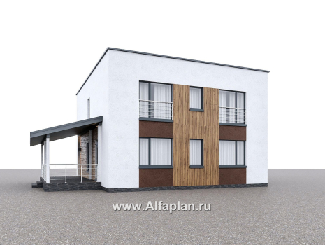 Проекты домов Альфаплан - "Коронадо" - проект дома, 2 этажа, с террасой сбоку и плоской крышей, мастер спальня, в стиле хай-тек - превью дополнительного изображения №2