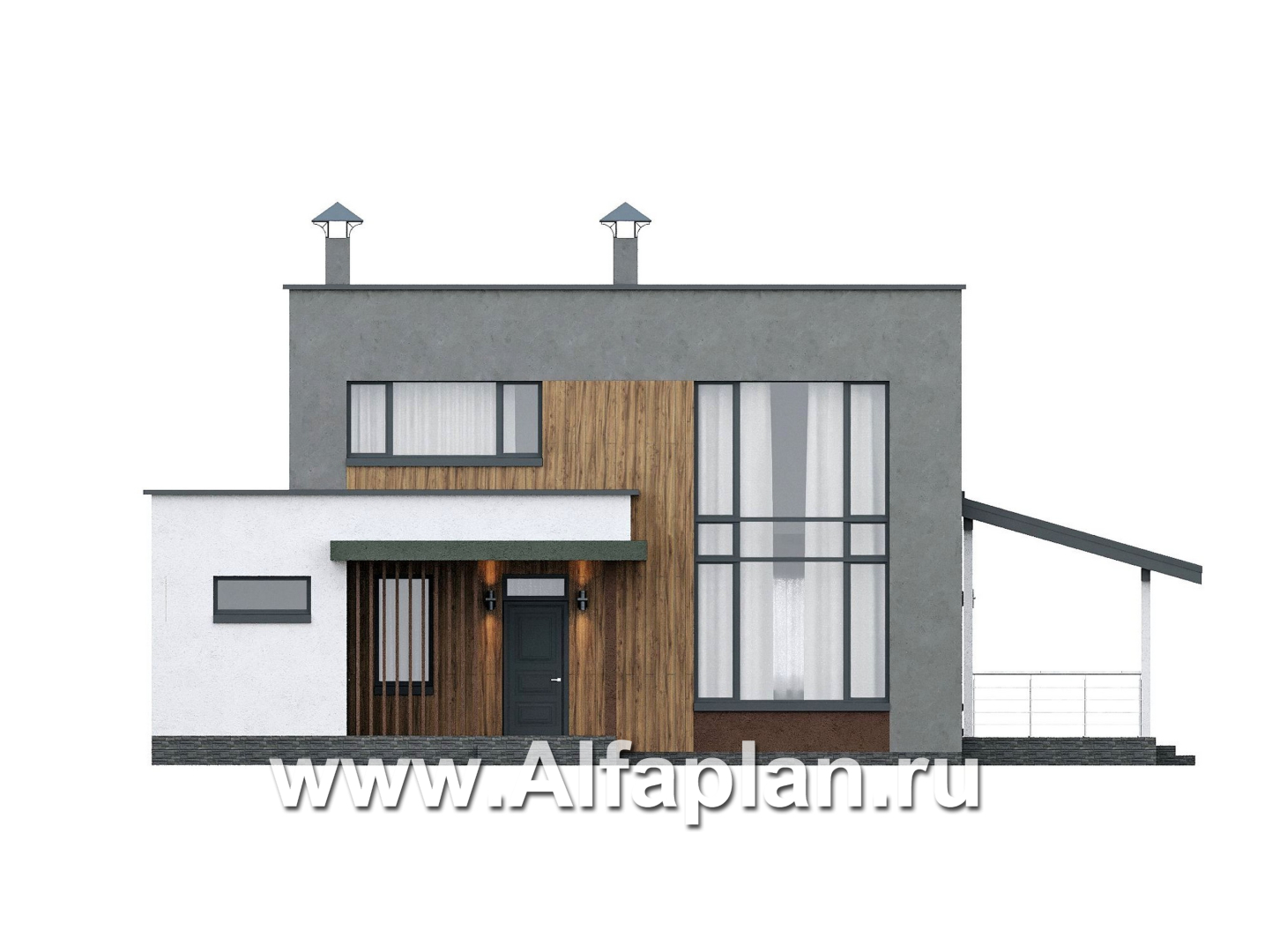 Проекты домов Альфаплан - "Коронадо" - проект дома, 2 этажа, со вторым светом гостиной, с террасой и плоской крышей, в стиле хай-тек - изображение фасада №1