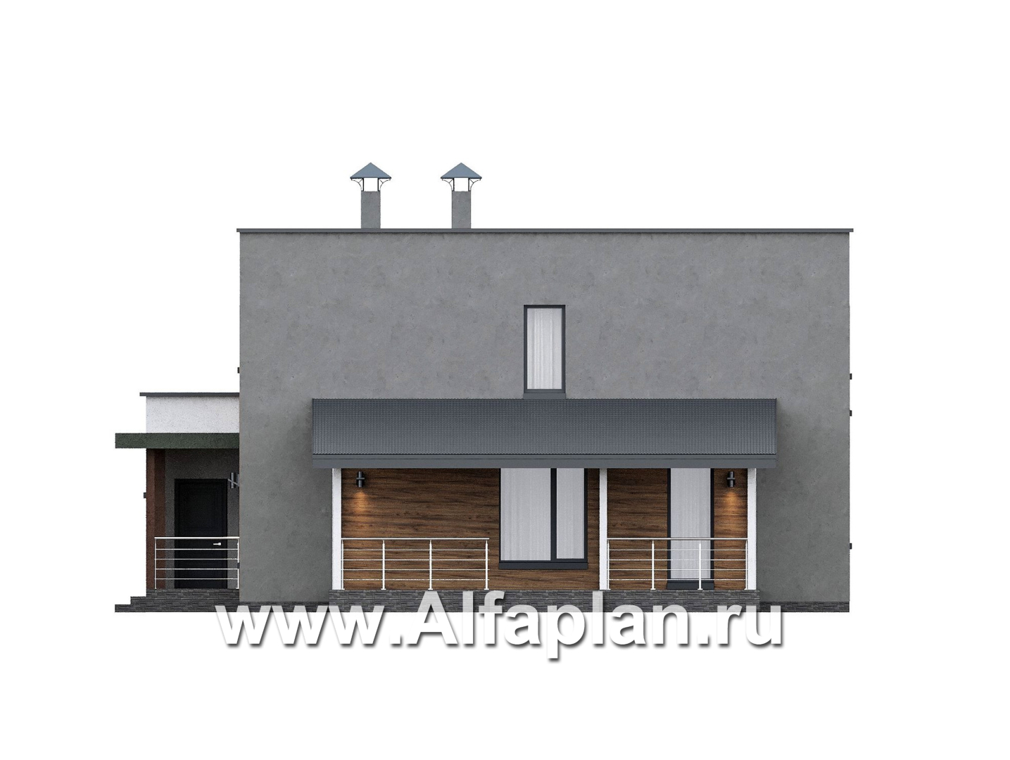 Проекты домов Альфаплан - "Коронадо" - проект дома, 2 этажа, со вторым светом гостиной, с террасой и плоской крышей, в стиле хай-тек - изображение фасада №2