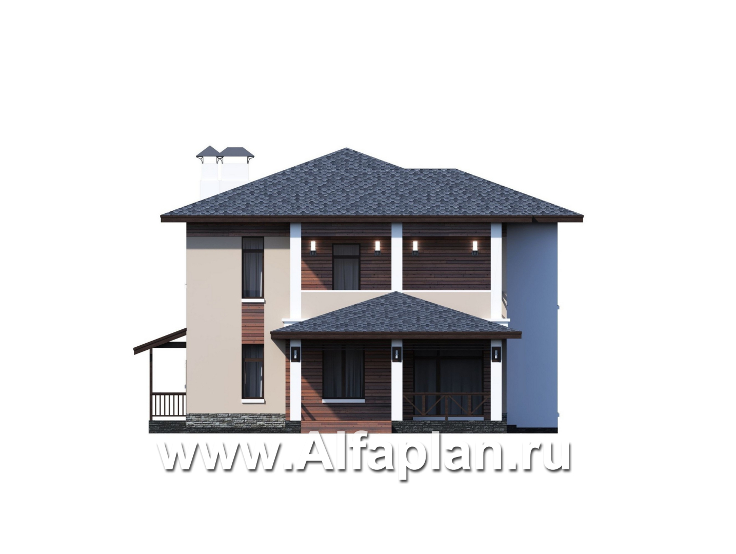 Проекты домов Альфаплан - «Отражение» - проект двухэтажного дома, с террасой, мастер спальня, в современном стиле - изображение фасада №4