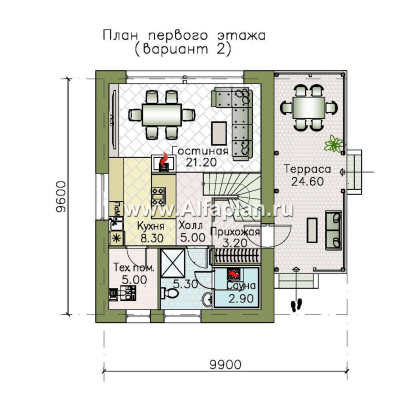 Проекты домов Альфаплан - "Викинг" - проект дома, 2 этажа, с сауной и с террасой сбоку, в скандинавском стиле - превью плана проекта №2