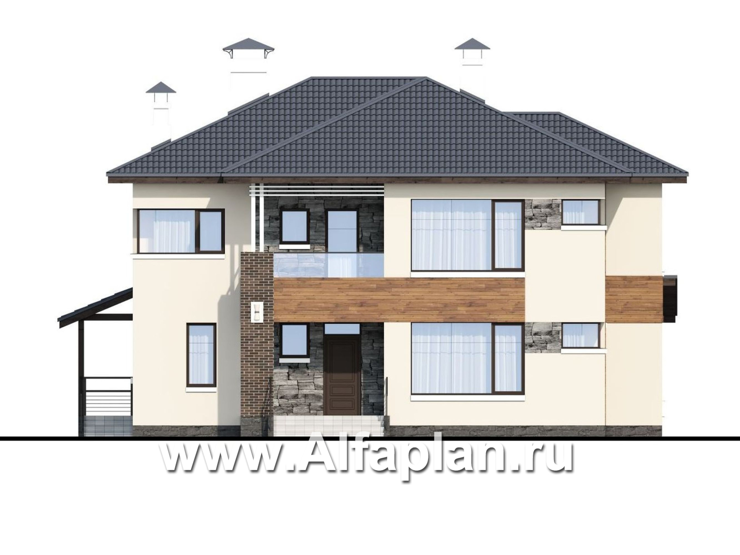 Проекты домов Альфаплан - «Прайд» - проект современного двухэтажного дома, мастер спальня, с террасой и сауной - изображение фасада №1