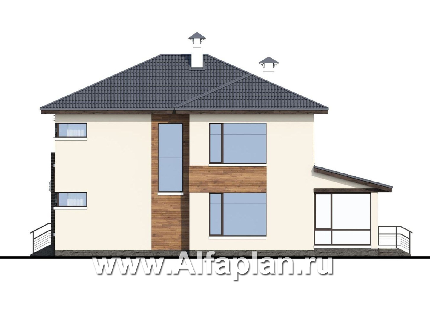 Проекты домов Альфаплан - «Прайд» - проект современного двухэтажного дома, мастер спальня, с террасой и сауной - изображение фасада №2