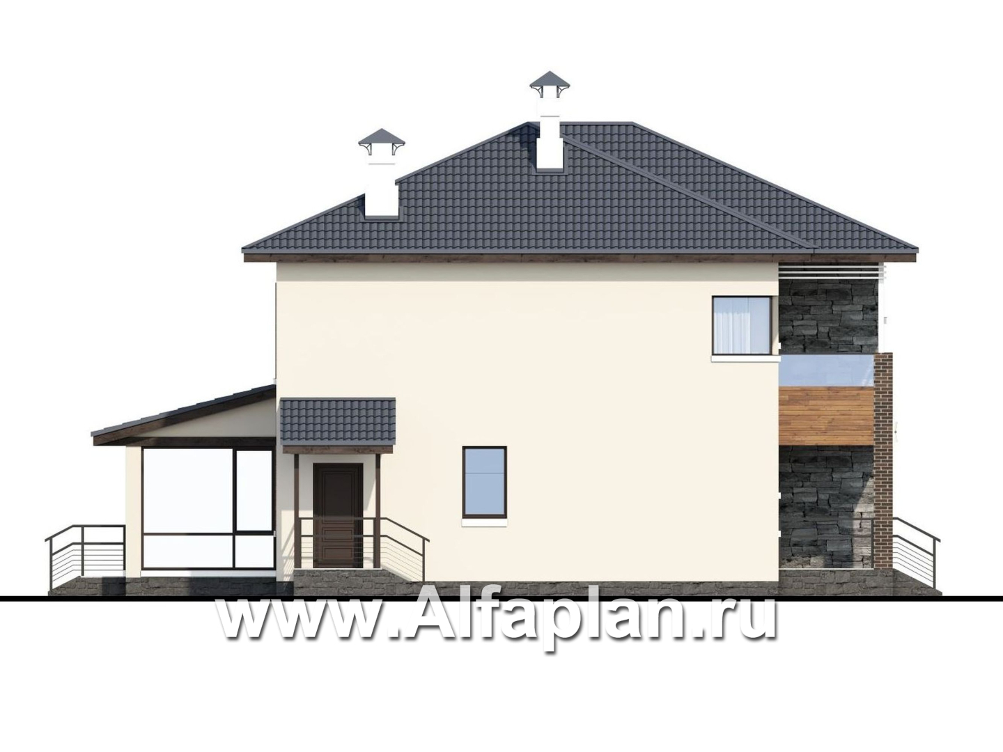 Проекты домов Альфаплан - «Прайд» - проект современного двухэтажного дома, мастер спальня, с террасой и сауной - изображение фасада №3