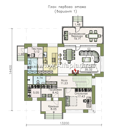 Проекты домов Альфаплан - «Прайд» - проект современного двухэтажного дома, мастер спальня, с террасой и сауной - превью плана проекта №1