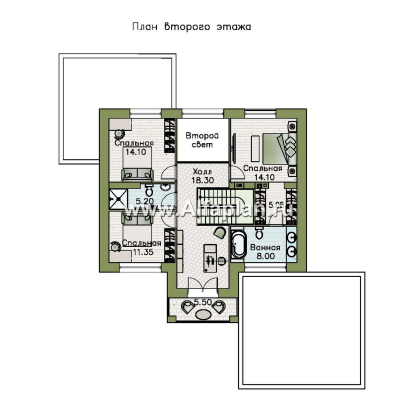 «Вермеер» - проект двухэтажного дома, планировка с мастер спальней, со вторым светом и с террасой, в стиле минимализм с плоской крышей - превью план дома
