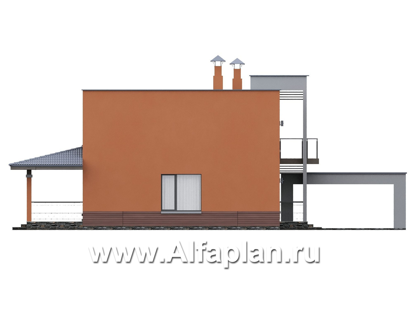 «Невада» - проект двухэтажного дома из газобетона, с террасой, навес на 2 авто, с плоской крышей в стиле минимализм - фасад дома