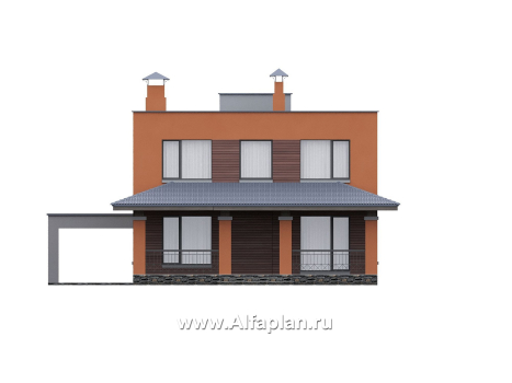 «Невада» - проект двухэтажного дома из газобетона, с террасой, навес на 2 авто, с плоской крышей в стиле минимализм - превью фасада дома