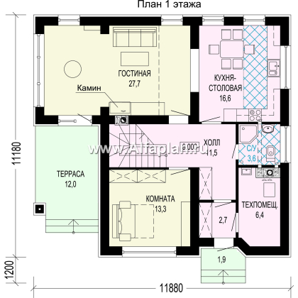 Проект дома с мансардой, планировка с кабинетом и с террасой, в современном стиле - превью план дома
