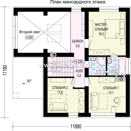 Проект дома с мансардой, планировка с кабинетом и с террасой, в современном стиле - превью план дома