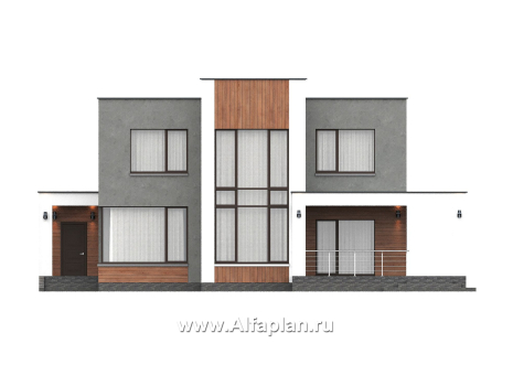 «Селектум» - красивый проект двухэтажного дома, планировка с мастер спальней, двусветная столовая, плоская крыша, в стиле минимализм - превью фасада дома