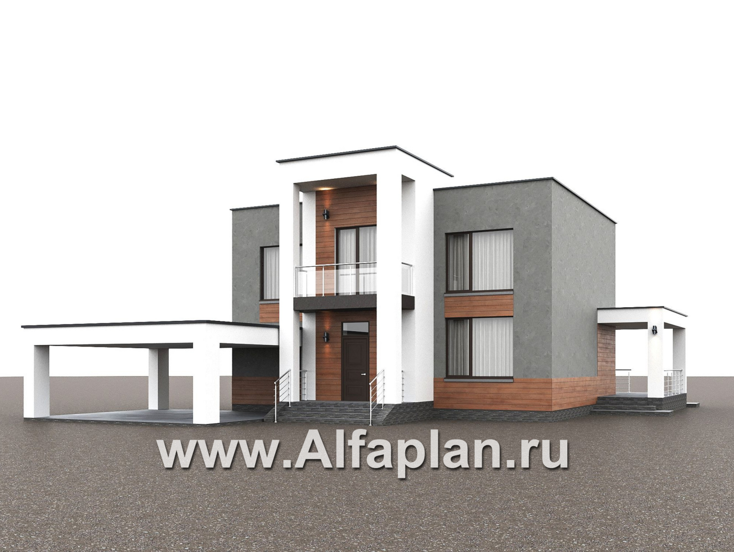 «Вермеер» - проект двухэтажного дома, планировка с мастер спальней, со вторым светом и с террасой, в стиле минимализм с плоской крышей - дизайн дома №1