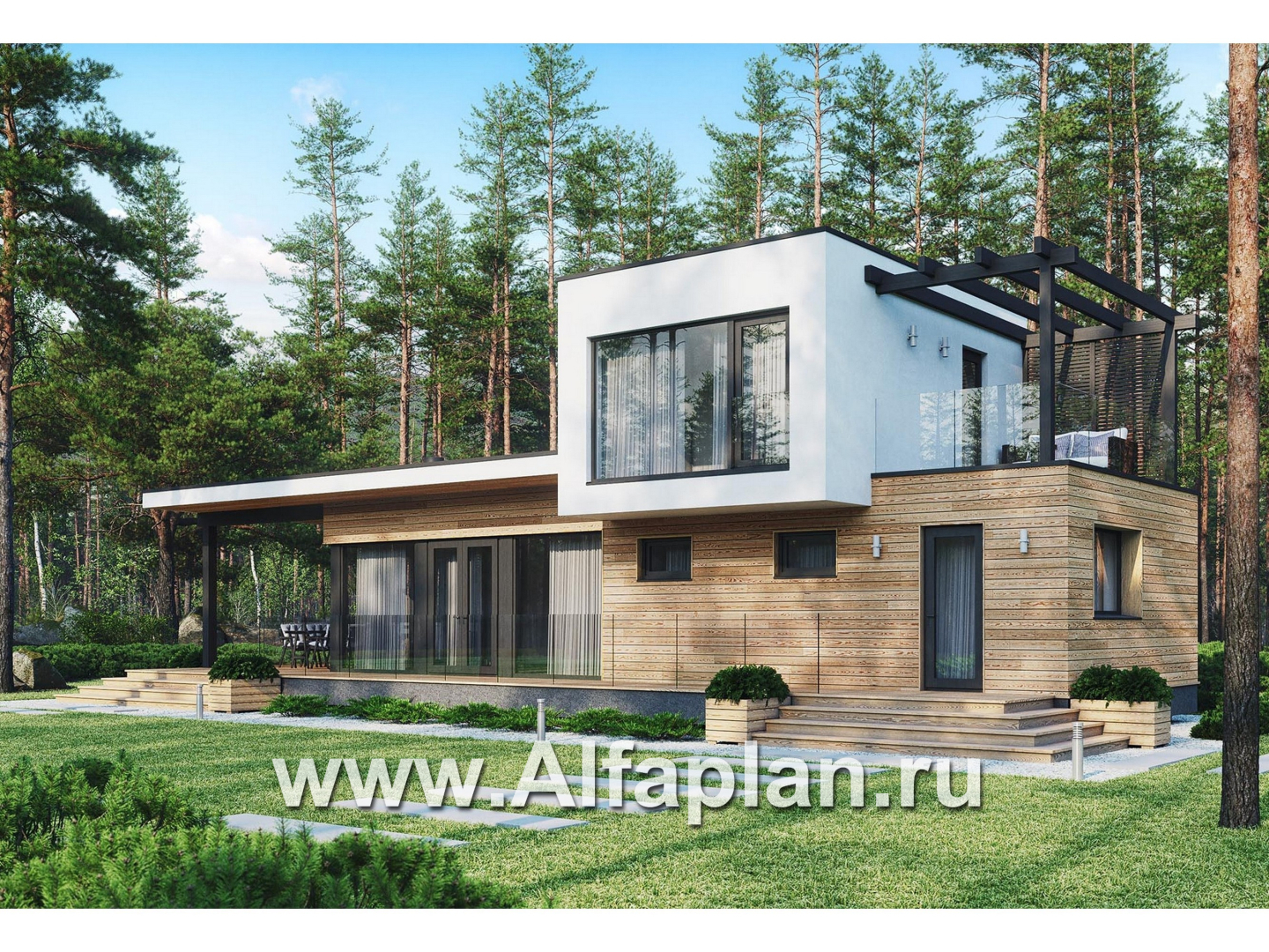 Проект бани, дома для отдыха в стиле хай-тек, с террасой и с плоской крышей - дизайн дома №1