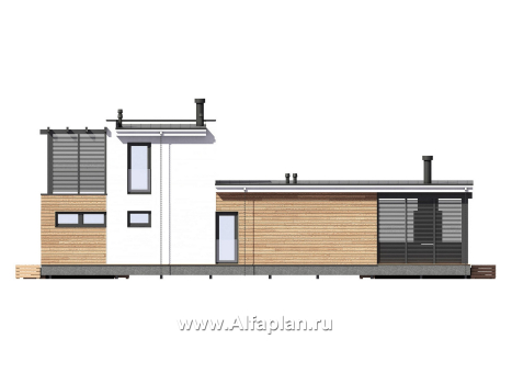 Проект бани, дома для отдыха в стиле хай-тек, с террасой и с плоской крышей - превью фасада дома