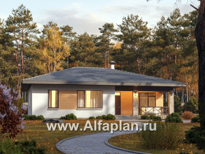 Превью проекта ««Глория» - проект одноэтажного дома, терраса со стороны входа, планировка мастер спальня, 3 спальни. Есть вариант с сауной»