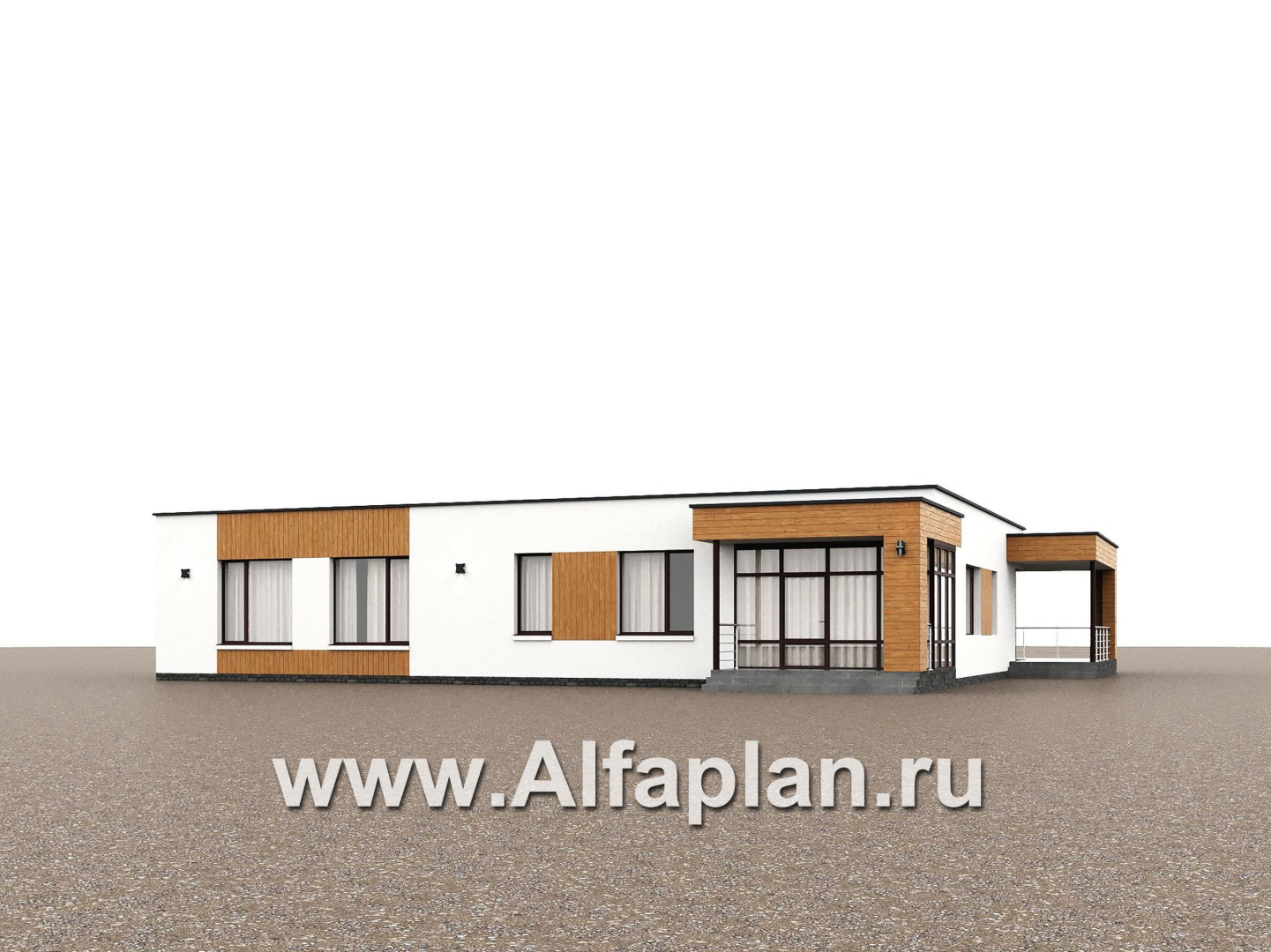 «Финансист» - проект одноэтажного дома, планировка мастер спальня, 2 детских спальни и гостевая, с большой террасой - дизайн дома №3