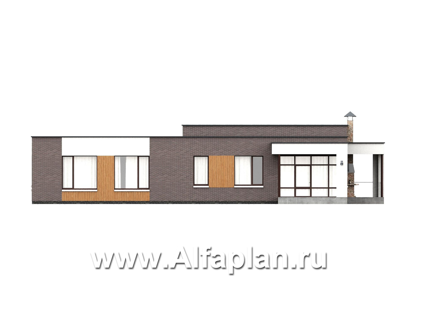 «Финансист» - проект одноэтажного дома, планировка мастер спальня, с сауной и с террасой - фасад дома