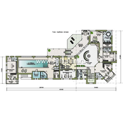 «Шахерезада» - проект двухэтажной роскошной виллы, со вторым светом гостиной, с бассейном - превью план дома