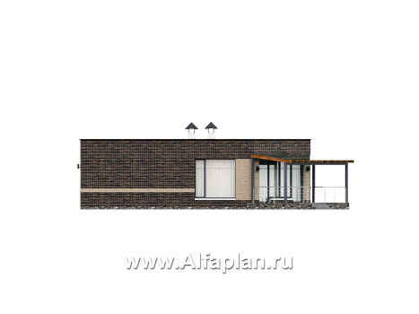 «Биссектриса» - проект одноэтажного дома с плоской крышей, с диагональным планом,  гостиная в форме кристалла, с террасой  - превью фасада дома