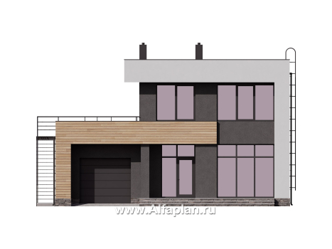 Проект двухэтажного дома, в современном стиле хай-тек, с гаражом и террасой, одномаршевая лестница - превью фасада дома