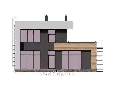 Проект двухэтажного дома, в современном стиле хай-тек, с гаражом и террасой, одномаршевая лестница - превью фасада дома