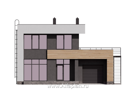 Проект двухэтажного дома, в современном стиле хай-тек, с гаражом и террасой, одномаршевая лестница - превью фасада дома