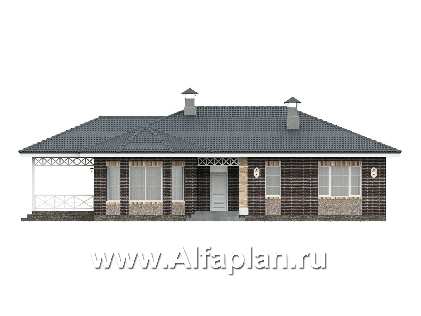 «Розенхайм» - проект одноэтажного дома в баварском стиле, планировка гостиная с эркером, кабинет и 2 спальни, с террасой - фасад дома
