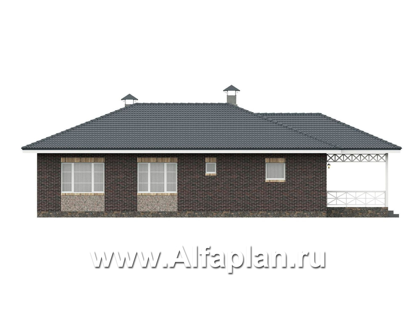 «Розенхайм» - проект одноэтажного дома в баварском стиле, планировка гостиная с эркером, кабинет и 2 спальни, с террасой - фасад дома