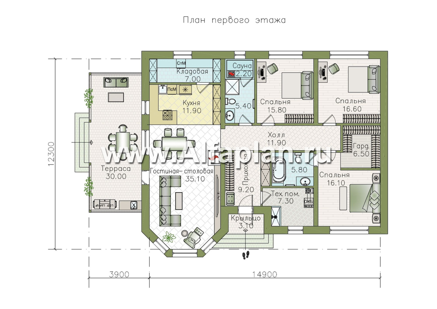 «Розенхайм» - проект одноэтажного дома в баварском стиле, планировка гостиная с эркером, кабинет и 2 спальни, с террасой - план дома