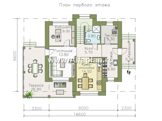 «Пифагор» - проект двухэтажного дома с мансардой, с террасой, в современном стиле для узкого участка - превью план дома