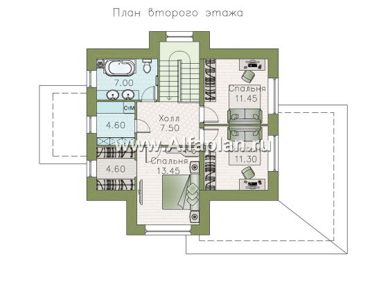 «Пифагор» - проект двухэтажного дома с мансардой, с террасой, в современном стиле для узкого участка - превью план дома